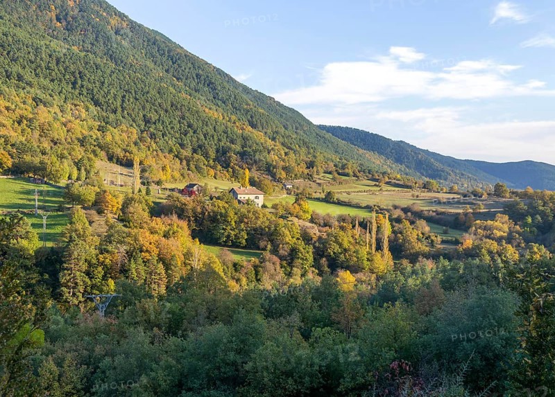 Autumn valley landscape farmhouse building near village of Echo or Hecho, Valle de Hecho, Huesca province, Aragon, Spain