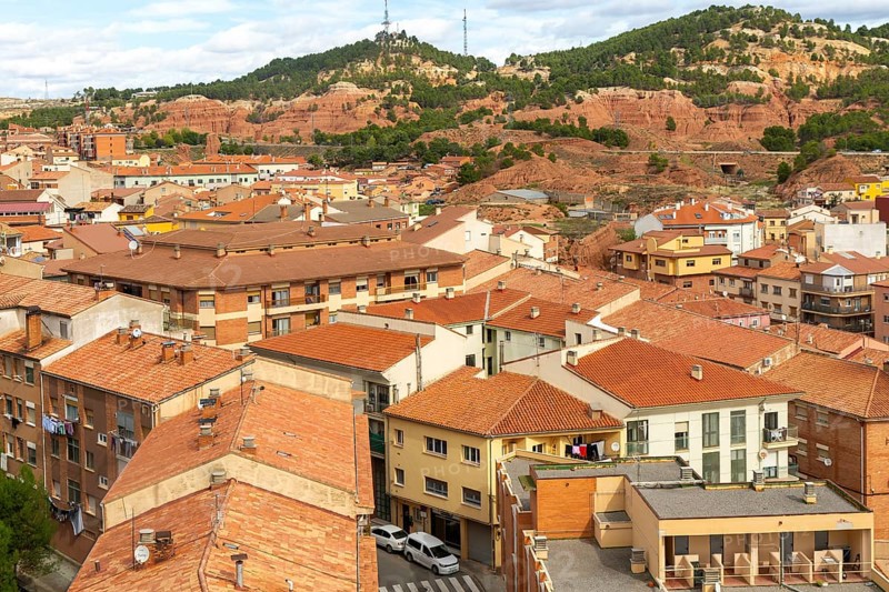 Rooftops of apartment block buildings in lower housing area to east of city centre of Teruel, Aragon, Spain