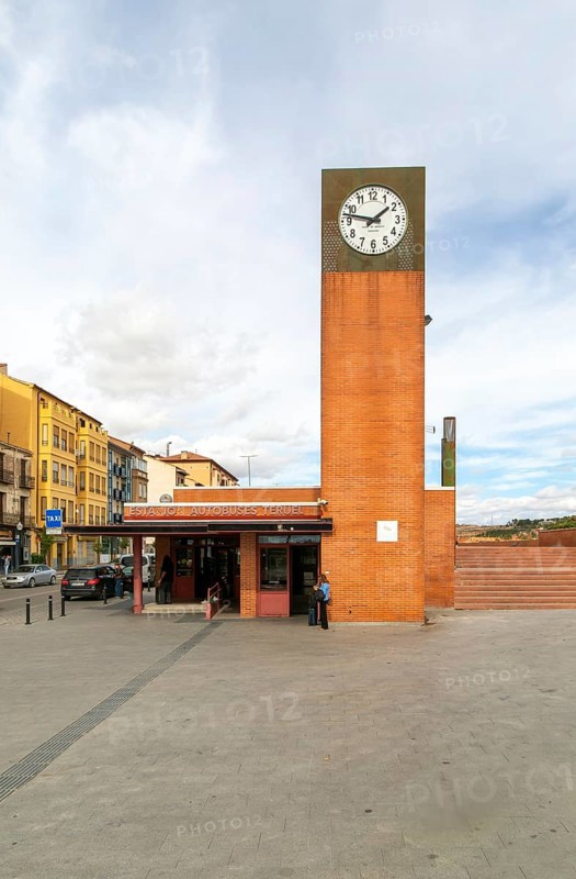 Modern architecture of bus station and clock tower, Estacion Autobuses, city of Teruel, Aragon, Spain
