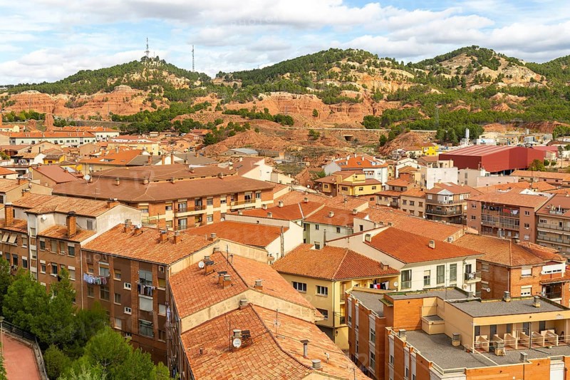 Rooftops of apartment block buildings in lower housing area to east of city centre of Teruel, Aragon, Spain