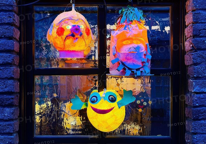 Homemade lanterns for the Martin procession in front of a window in the evening, Old Town, Kempen, Lower Rhine, North Rhine-Westphalia, Germany
