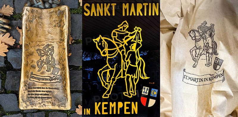 Martin bag of the sculpture entitled Saint Martin in Kempen by Michael Franke, poster and real Martin bag, Kempen, North Rhine-Westphalia, Germany