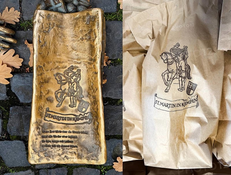 Comparison of Martin bag of bronze sculpture with the title Saint Martin in Kempen by Michael Franke and real Martin bag, Kempen, North Rhine-Westphalia, Germany