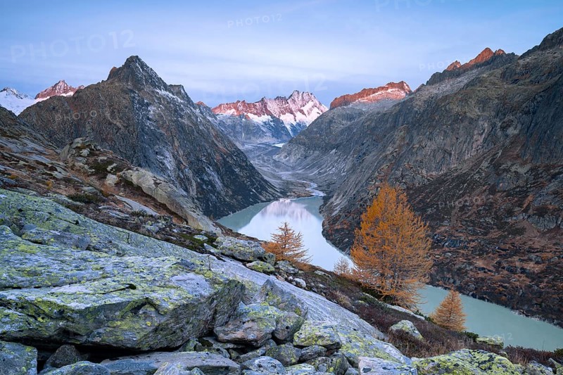 Grimsel lake with peaks of the Bernese Oberland, Lauteraarhorn, sunrise, Canton of Bern, Switzerland