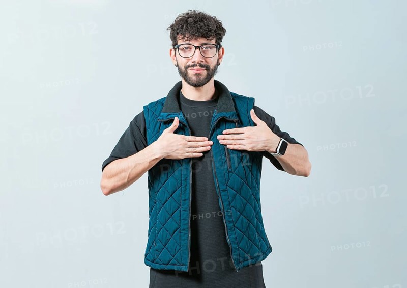 Person gesturing GRATITUDE in sign language. Guy making gesture GRATEFUL in sign language isolated