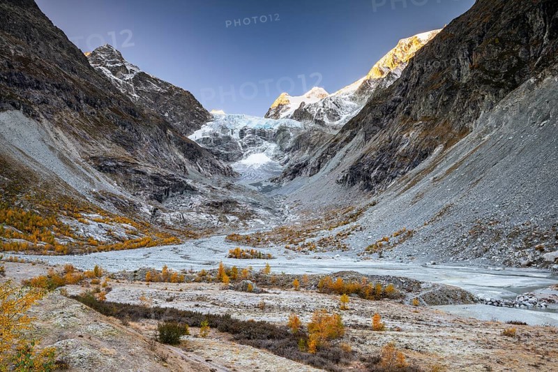 Glacier valley with autumnal larches, Ferpecle glacier, Val d'Herens, Canton of Valais, Switzerland