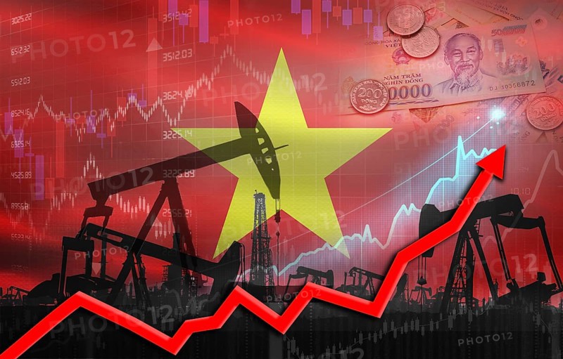 Oil production with Vietnam flag, petrol industry. Oil pumps with Vietnamese flag
