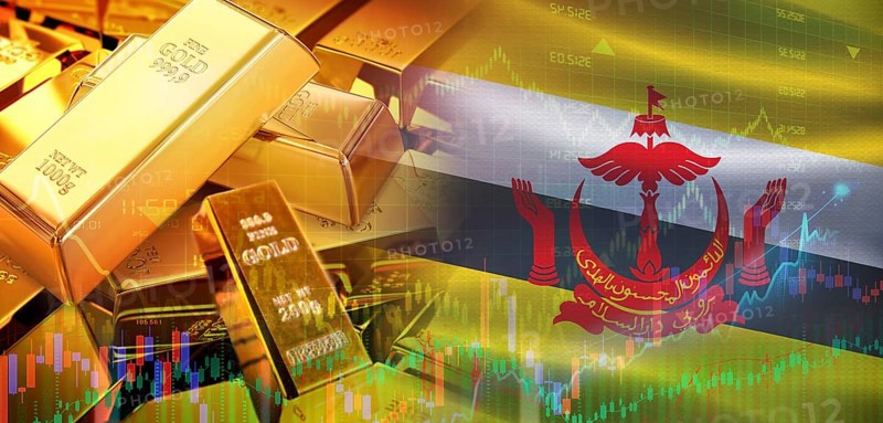 Gold bars stacked on Bruneian flag. Brunei gold reserves, Concept