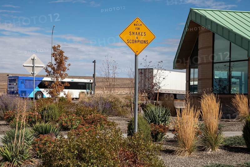 Aragonite, Utah - A sign urges travelers to beware of snakes and scorpions at a rest area along Interstate 80 in the Utah desert
