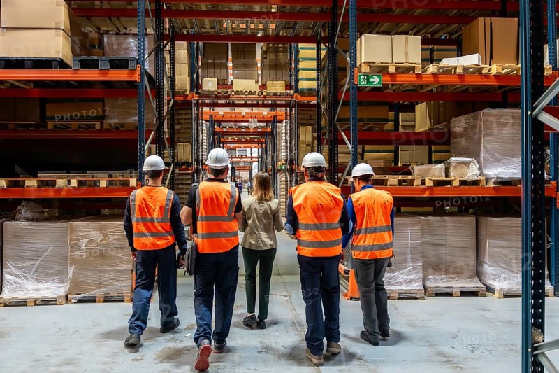Warehouse manager and four workers wearing safety vests and hard hats walking through an industrial storage facility, examining rows of shelves filled with goods and packages