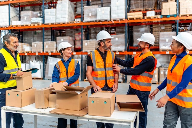Diverse team of warehouse workers wearing safety vests and hard hats collaborating while packing cardboard boxes on a table in a busy logistics distribution center