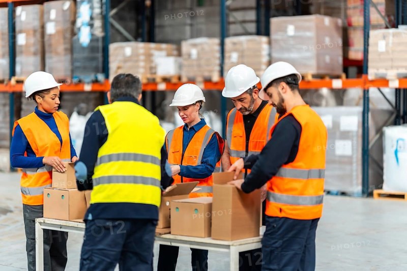 Diverse warehouse team in hardhats and hi vis vests sorting and packing cartons on a long table inside a busy industrial distribution center, focused on efficient fulfillment operations