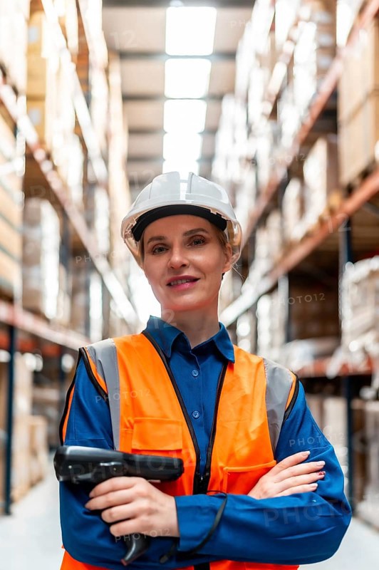 Confident woman working in a busy logistics warehouse, wearing a hard hat and safety vest, holding a barcode scanner while managing stock and supply chain operations