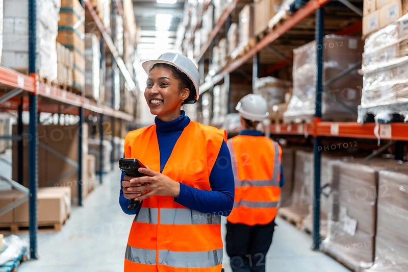 Young woman worker smiling, wearing a safety vest and hardhat, holding a barcode scanner while conducting inventory in a logistics warehouse, ensuring efficient supply chain operations