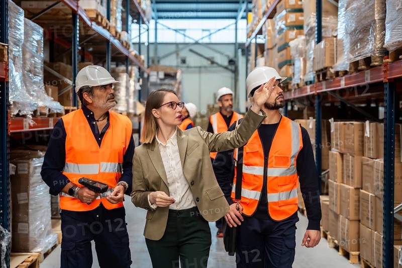 Female logistics manager wearing a suit and glasses discussing inventory levels with male workers in uniforms and hard hats within a large industrial warehouse during an inspection