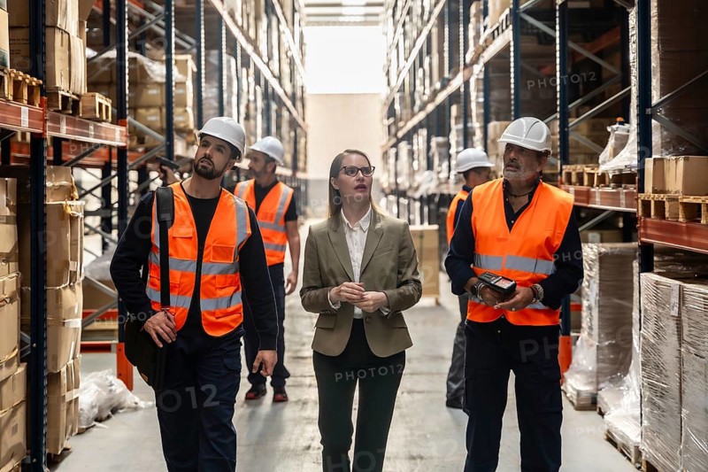 Diverse logistics team led by a female manager inspects inventory and scans boxes between tall shelves in a busy warehouse, wearing hardhats and safety vests for efficient operations