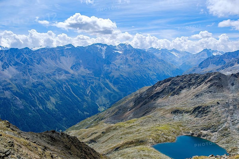 Scenic view from Gaislachkogel over the Ötztal Alps and down into the Ötztal near Sölden, Tyrol, Austria