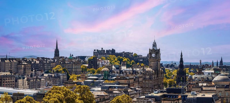 The Old and New Towns of Edinburgh panoramic skyline city view from Calton Hill. A Unesco site