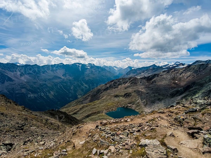 Scenic view from Gaislachkogel over the Ötztal Alps and down into the Ötztal near Sölden, Tyrol, Austria