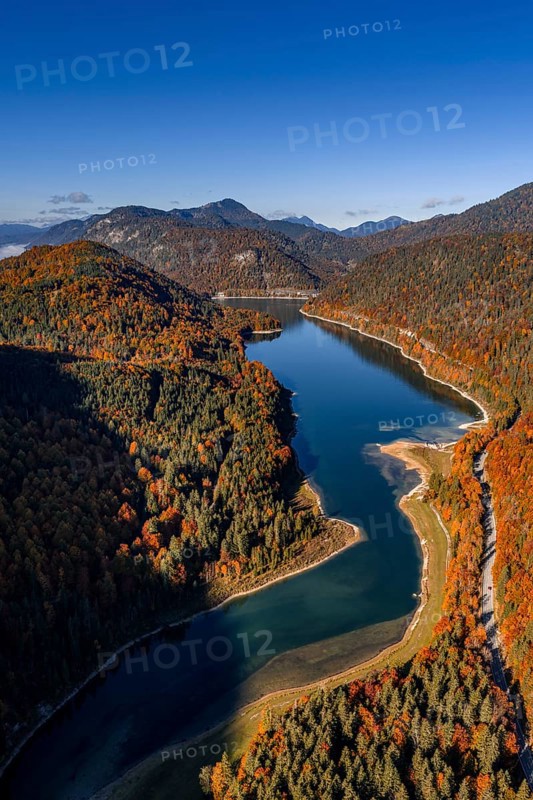 Mountain lake, mountains, sunny, morning light, autumn, autumn color, forest, aerial view, Sylvensteinsee, Upper Bavaria, Bavaria, Germany