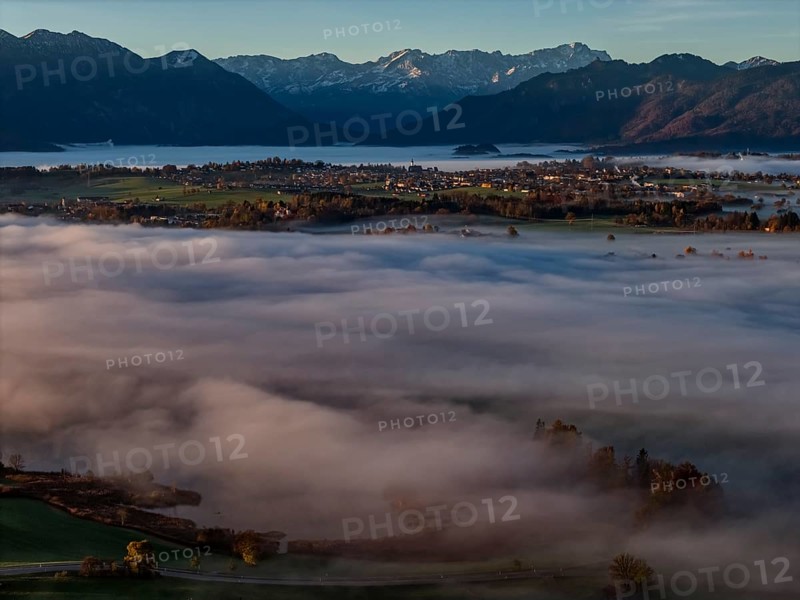 City, church, mountains, sunny, morning light, autumn, autumn color, fog, aerial view, Murnau, behind Zugspitze, Upper Bavaria, Bavaria, Germany