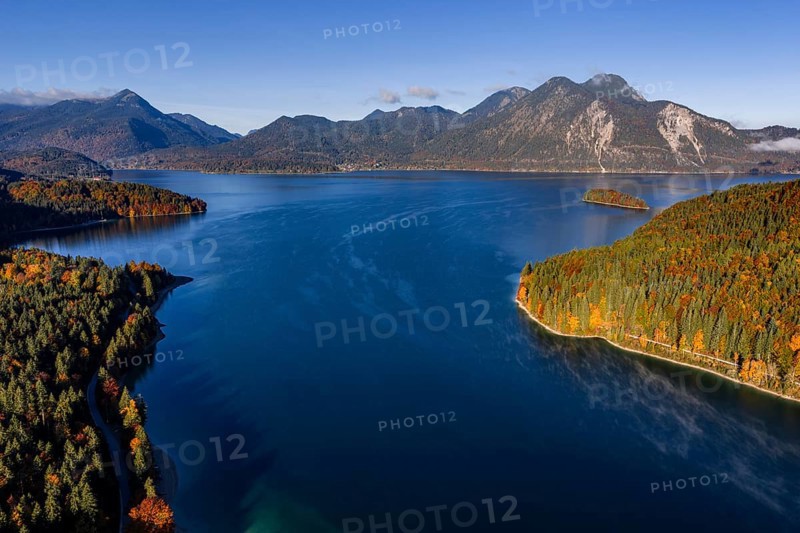Mountain lake, mountains, sunny, morning light, autumn, autumn color, forest, aerial view, Walchensee, Upper Bavaria, Bavaria, Germany