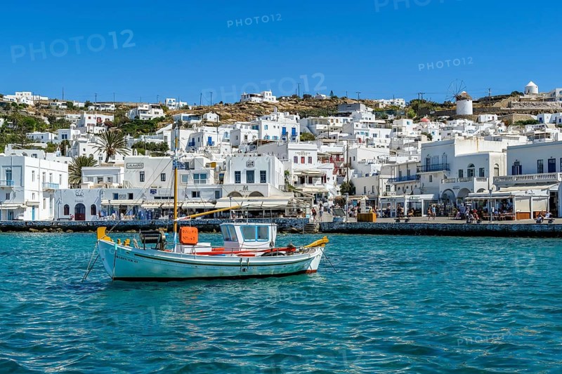 Mykonos, Cyclades, Greece - fishing boats are moored in the old port of Mykonos Town, Mykonos Chora. Mykonos is part of the Cyclades archipelago
