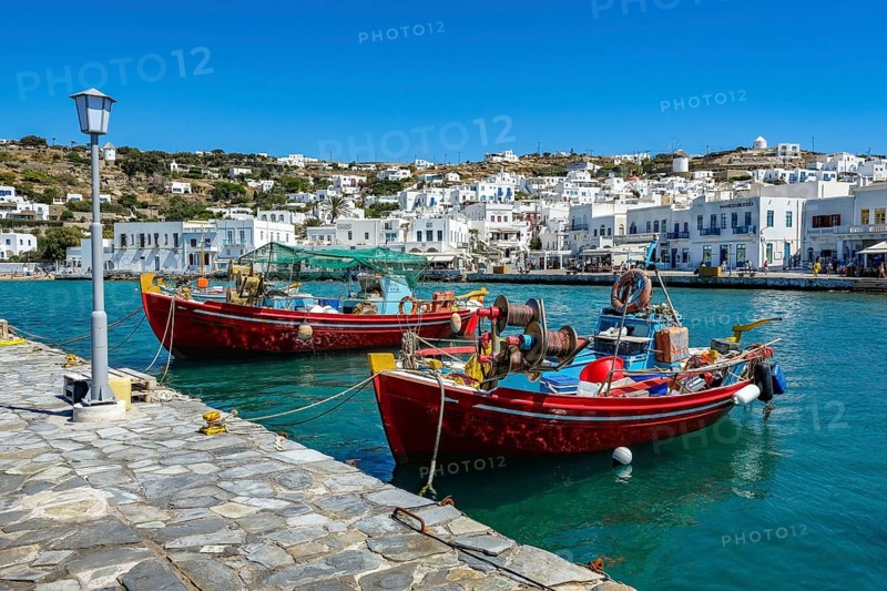 Mykonos, Cyclades, Greece - Colourful fishing boats are moored on the quay in the old port of Mykonos Town, Mykonos Chora. Mykonos is part of the Cyclades archipelago