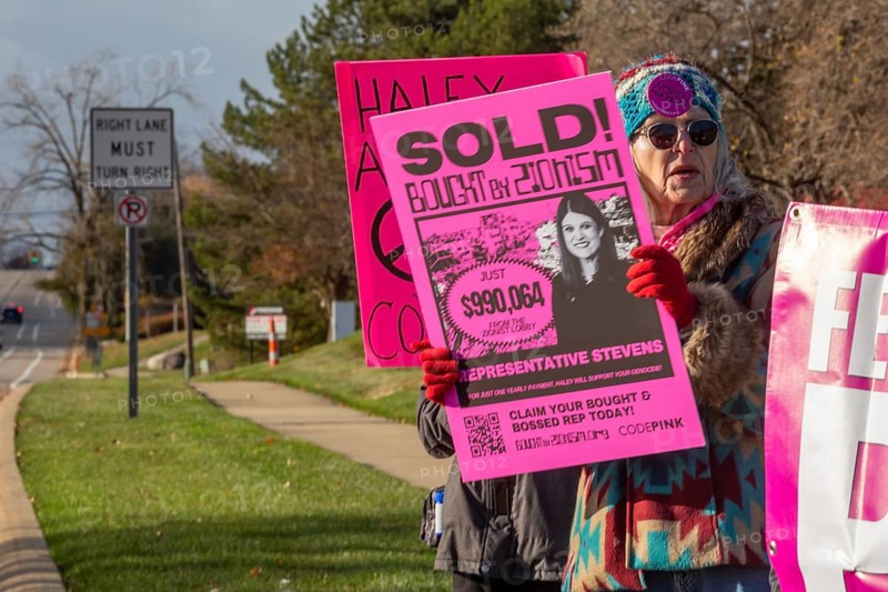 Farmington Hills, Michigan USA - 10 November 2025 - Activists picket U.S. Senator Haley Stevens' suburban Detroit office to protest the senator's acceptance of campaign funding from the American Israel Public Affairs Committee (AIPAC). CodePink is a feminist anti-war organization