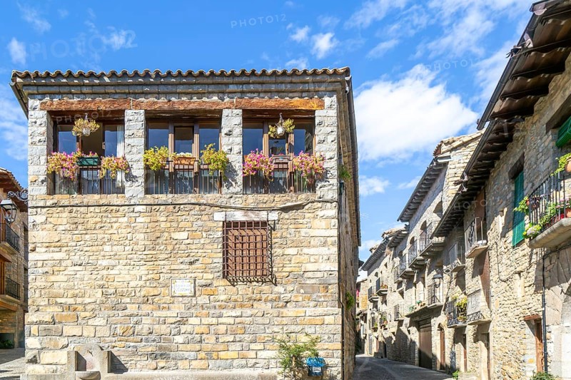 Historic buildings medieval village of Ainsa, Aínsa-Sobrarbe, Huesca province, Aragon, Spain - Plaza a San Salvador
