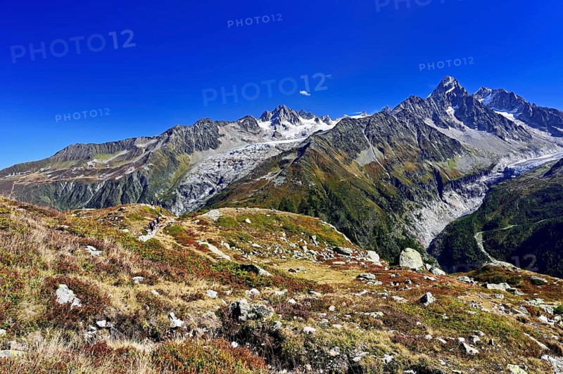 From left front Glacier du Tour back Aiguilles du Tour, right Aiguille du Chardonnet, in front foothills of the Argentière Glacier, Chamonix-Mont-Blanc, Haute-Savoie, France