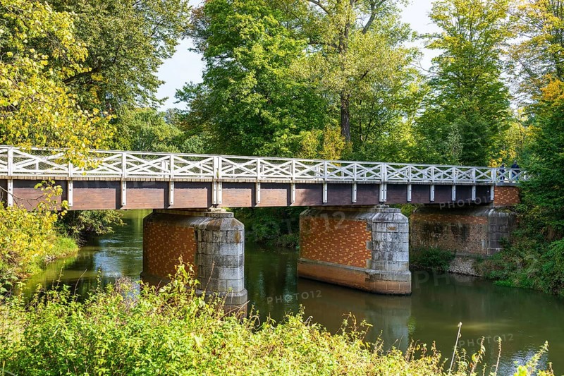 Double bridge over the Neisse in Muskauer Park, UNESCO World Heritage Site, Bad Muskau, Upper Lusatia, Saxony, Germany