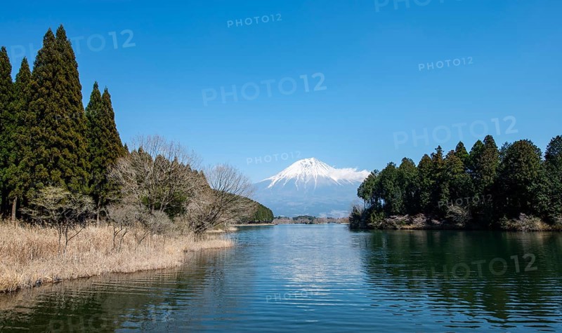View of Mount Fuji volcano and Lake Tanuki from Fuji-mae observation deck, Fujinomiya, Shizuoka, Japan