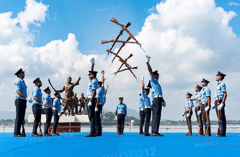 Indian Air Force personnel performs a bayonet drill demonstration on the bank of Brahmaputra river, during rehearsals ahead of the air show organised as part of the 93rd Air Force Day celebrations, on November 5, 2025 in Guwahati, India