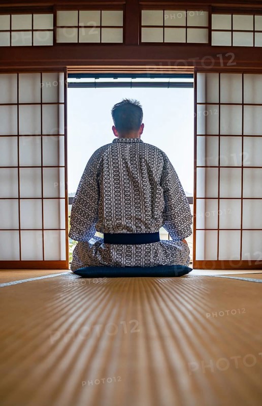 Young man wearing kimono sitting in traditional Japanese living room with tatami mats and shoji sliding doors, from behind, Yamanouchi, Nagano, Japan