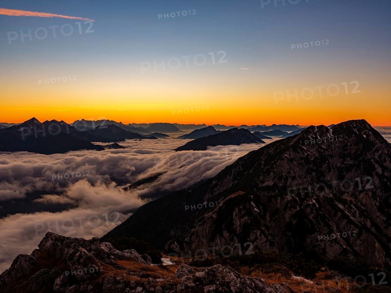 Alpine panorama at dusk, fog in the valley, Hochstaufen, Chiemgau Alps, Upper Bavaria, Bavaria, Germany