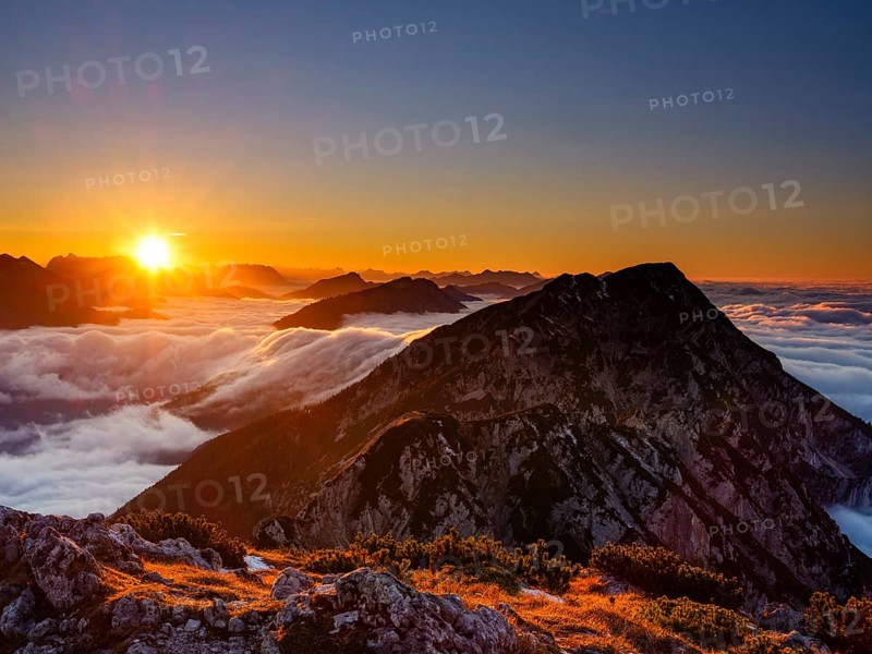 Alpine panorama at sunset, fog in the valley, Hochstaufen, Chiemgau Alps, Upper Bavaria, Bavaria, Germany