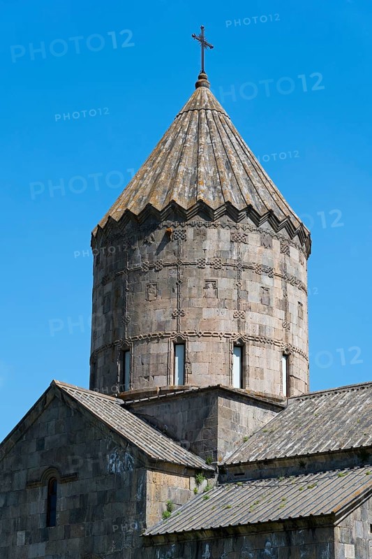 Detailed church tower with cross on top against a clear sky, main church Surb Pogos-Petros, Tatev monastery, Armenian Apostolic monastery, Syunik province, Caucasus, Armenia