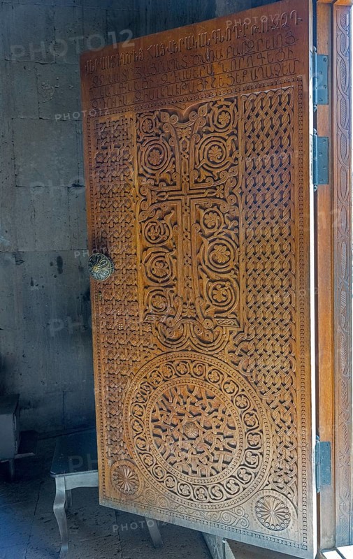 Detailed wooden door with cross engraving and ornaments, Tatev monastery, Tatev, Armenian Apostolic Monastery, Syunik province, Syunik, Caucasus, Armenia