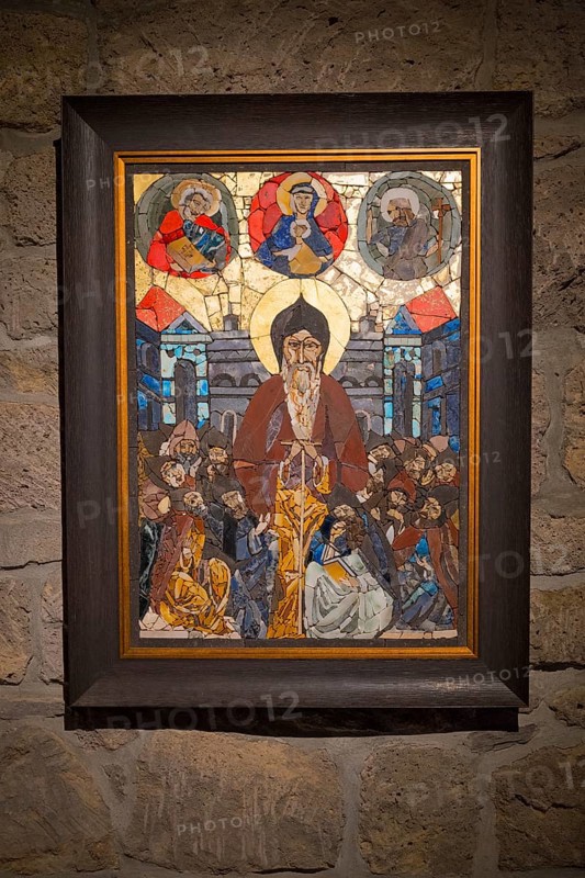 Colorful mosaic painting of religious figures on stone wall, mosaic style icon, Tatev monastery, Armenian Apostolic monastery, Syunik province, Syunik, Caucasus, Armenia