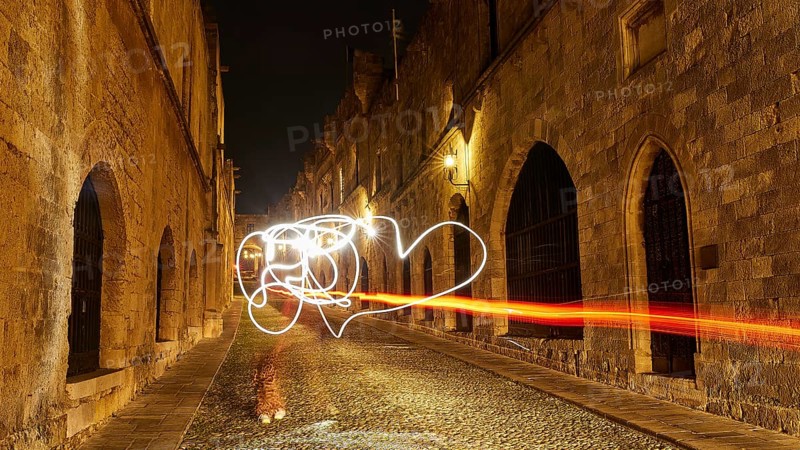 Knight's Town, night view of an old town alley with light paintings and historic buildings, UNESCO World Heritage Site, Old Town of Rhodes Town, Rhodes, Dodecanese, Greece