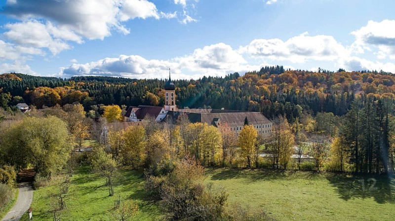 Aerial view of the Cistercian Abbey of Oberschönenfeld in the Augsburg Western Forest nature park Park, administrative district of Swabia, Bavaria, Germany