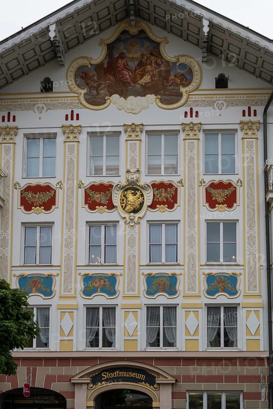 Façade of the city museum, former town hall, Marktstraße, pedestrian zone, Bad Tölz, Upper Bavaria, Bavaria, Germany