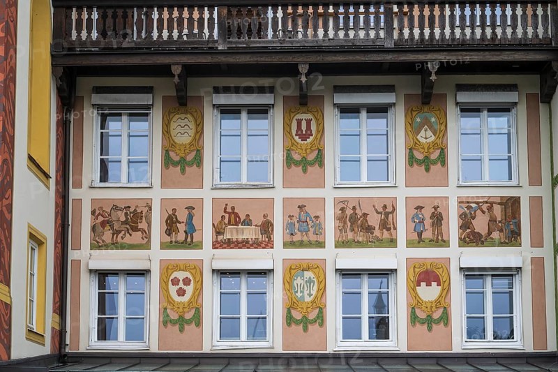 Fassade mit Lüftlmalerei, Kapellengasteig, Bad Tölz, Upper Bavaria, Bavaria, Germany