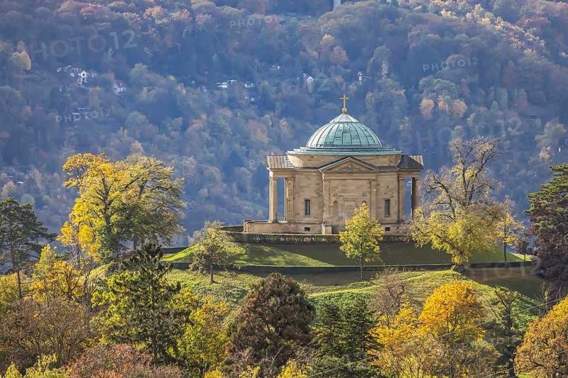 View from the Egelseer Heide to the grave chapel in Württemberg. Landscape around the tourist attraction in autumn. Stuttgart, Baden-Württemberg, Germany