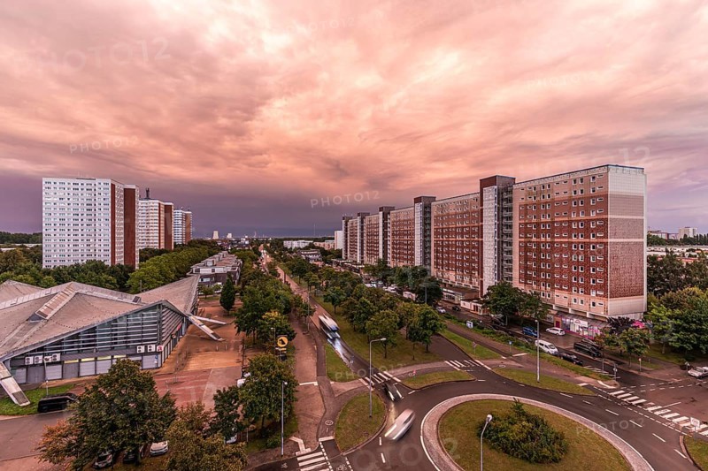 Large residential complex of prefabricated buildings, on the left the windmill skyscrapers in Warnowallee, Rostock Lütten Klein, Mecklenburg-Western Pomerania, Germany