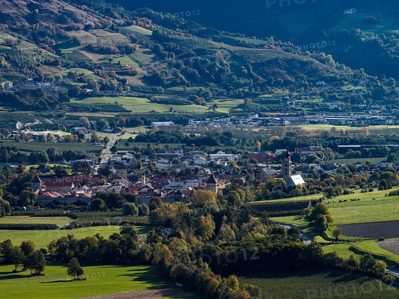 Village, mountain landscape, sunny, autumn, aerial view, Glurns, Vinschgau, South Tyrol, Italy