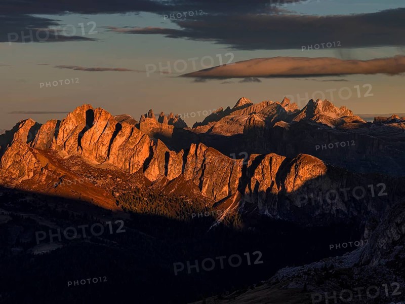 Mountain landscape, morning light, cloud atmosphere, autumn, aerial view, Giau Pass, view of Geisler Group, Dolomites, Italy