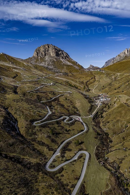 Road, curves, serpentines, pass road, autumn, sunny, Pordoi Pass, Dolomites, Italy
