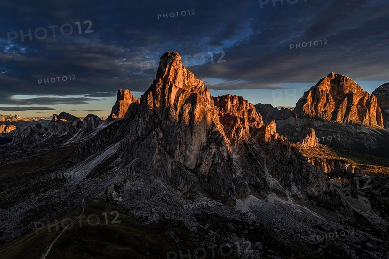 Mountain landscape, morning light, cloud atmosphere, autumn, aerial view, Giau Pass, view of Tofana Group, Dolomites, Italy